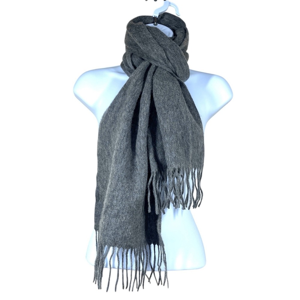 Gray Mongolian Wool Cashmere Blend Rectangular Fringe Scarf 66"x12" Gray Soft